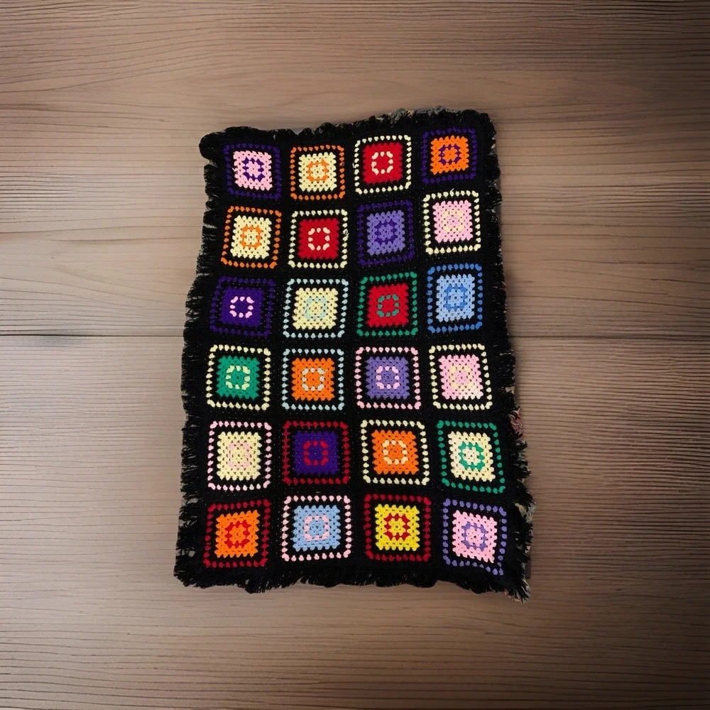 Handmade Granny Square Throw Blanket 40 x 64 Black Colorful Crochet Afghan